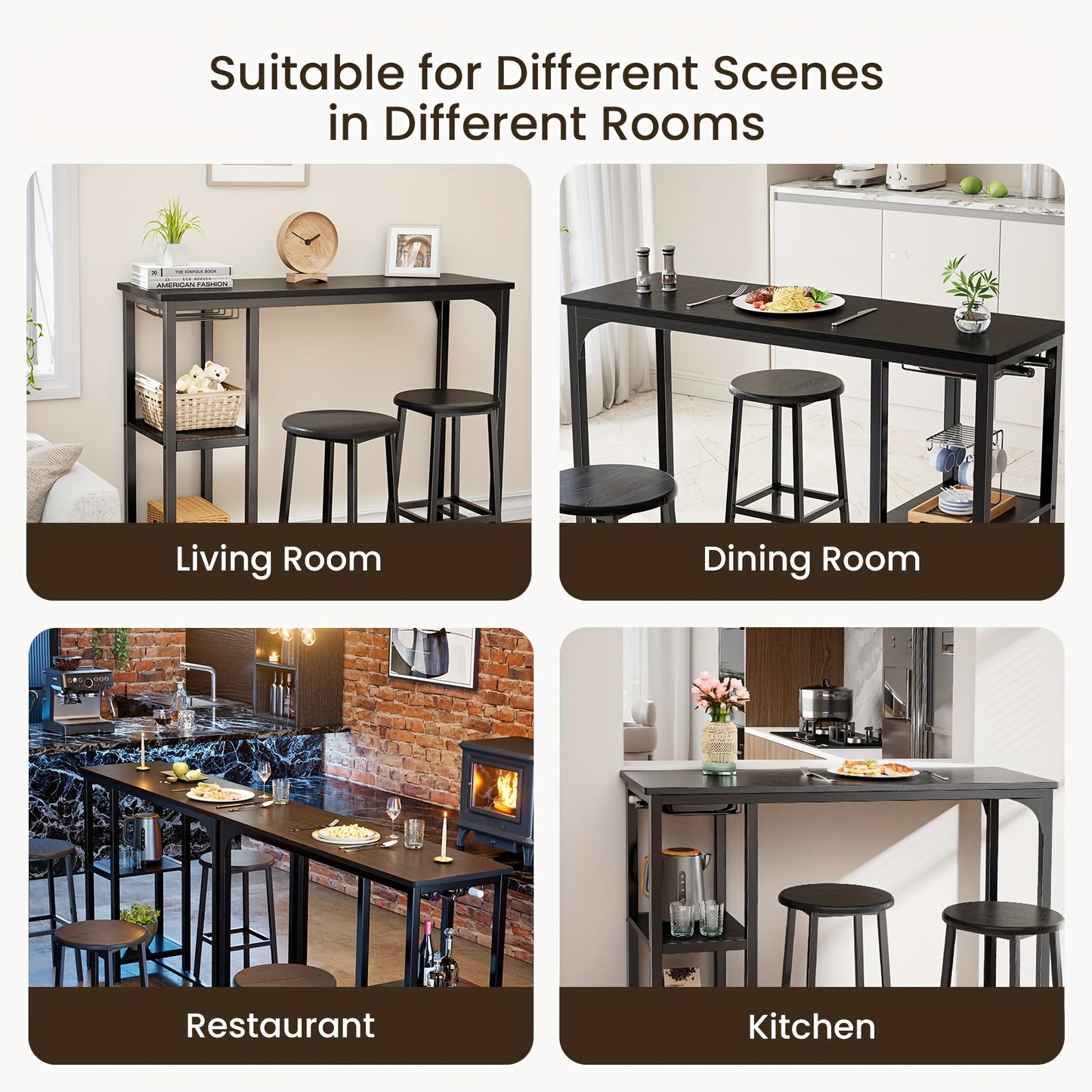 Set da bar 3 pezzi con tavolo e sedie, moderno set da bar in ghisa nera con 2 sgabelli, set da tavolo industriale e sgabelli da bar, piano in legno, tavolo da pub rettangolare con ripiani e portaglassa, per cucina, soggiorno, facile da pulire e montare