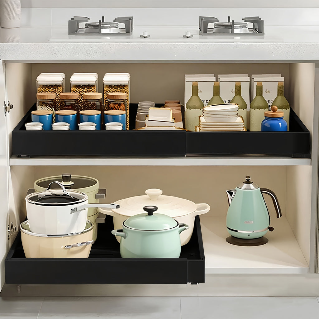 Set di 2 organizzatori estraibili per armadi - cassetto scorrevole espandibile con supporto adesivo resistente, ideale per mobili da cucina e ripiani a scomparsa, perfetto per l'organizzazione della dispensa in cucina, larghezza regolabile 31cm-52cm (nero