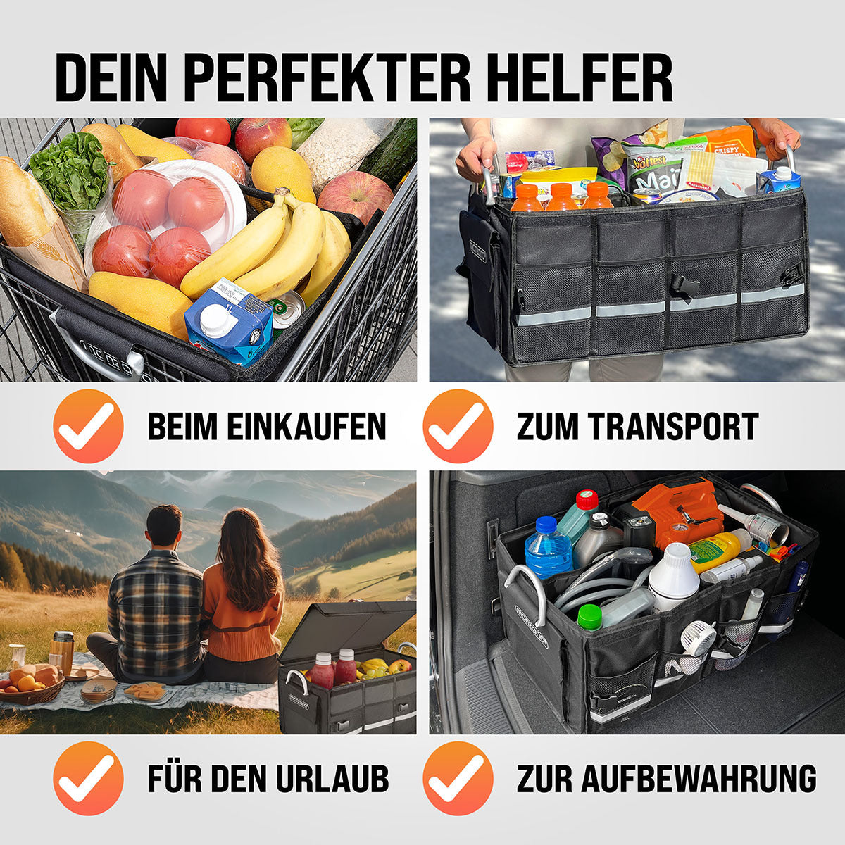 MONZANA® Borsa Bagagliaio Organizer Coperchio 68L Impermeabile Divisori Pieghevole Pareti Rinforzate Antiscivolo Borsa Auto 60X35X30Cm