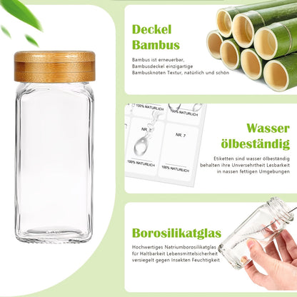 Set da 24 barattoli per spezie con portaspezie in bambù, barattoli per spezie in vetro con etichette nere in tedesco e coperchi ermetici in bambù, contenitore per spezie con imbuto grande in acciaio inossidabile, organizzatore per spezie facile da spostar