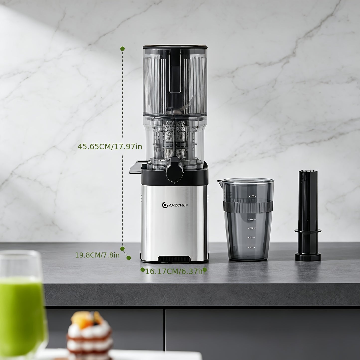 AMZCHEF Estrattore di Succo Professionale a Pressione a Freddo - Tubo di Alimentazione Extra Largo 126mm - Tecnologia a Masticazione Lenta con Funzione Inversa - per Frutta Intera, Verdure a Foglia e Ortaggi - Include 2 Bicchieri in Tritan e Spazzola per