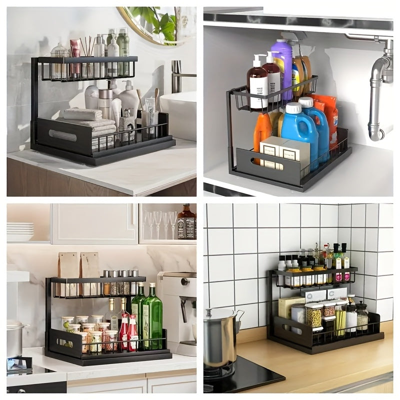 2 pezzi Scaffali portaoggetti in metallo per lavello, scaffali portaoggetti a 2 piani con cassetti scorrevoli, mobili estraibili per lavello, scaffali multiuso per lavello in cucina, bagno, dispensa, organizer sottolavello