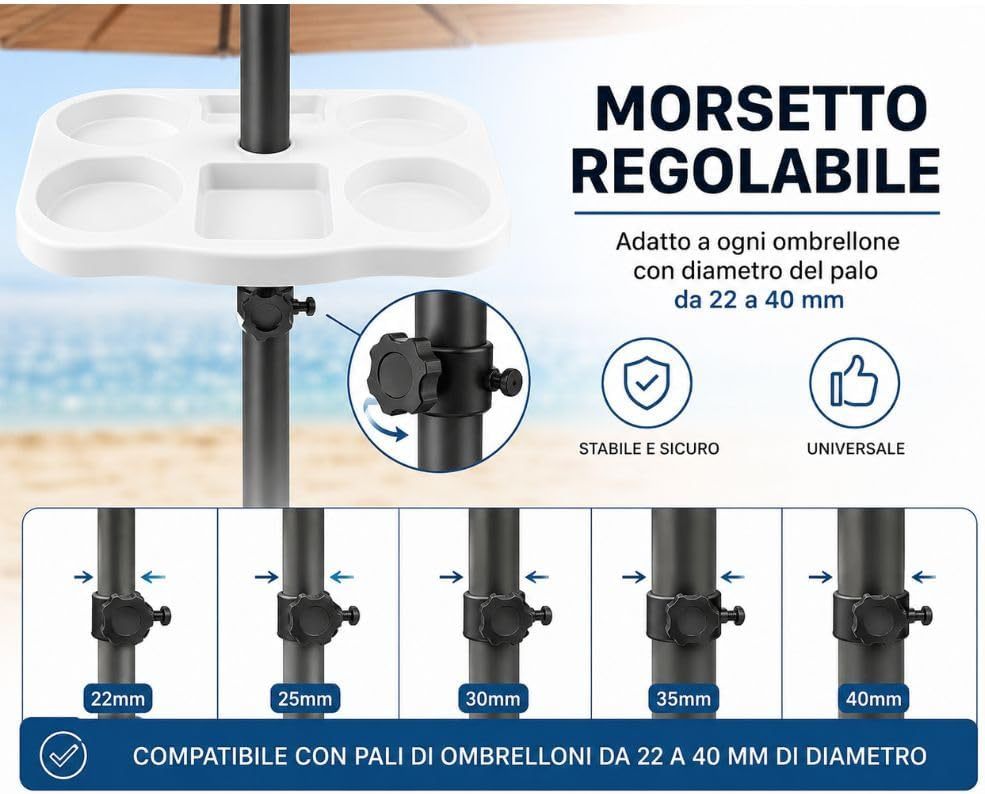 Cecaro Group Tavolino Porta Oggetti per Ombrellone 35x35 cm – Tavolo Universale con Morsetto Regolabile 22-40 mm – Ideale per Mare, Spiaggia, Giardino e Piscina