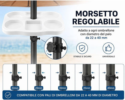 Cecaro Group Tavolino Porta Oggetti per Ombrellone 35x35 cm – Tavolo Universale con Morsetto Regolabile 22-40 mm – Ideale per Mare, Spiaggia, Giardino e Piscina