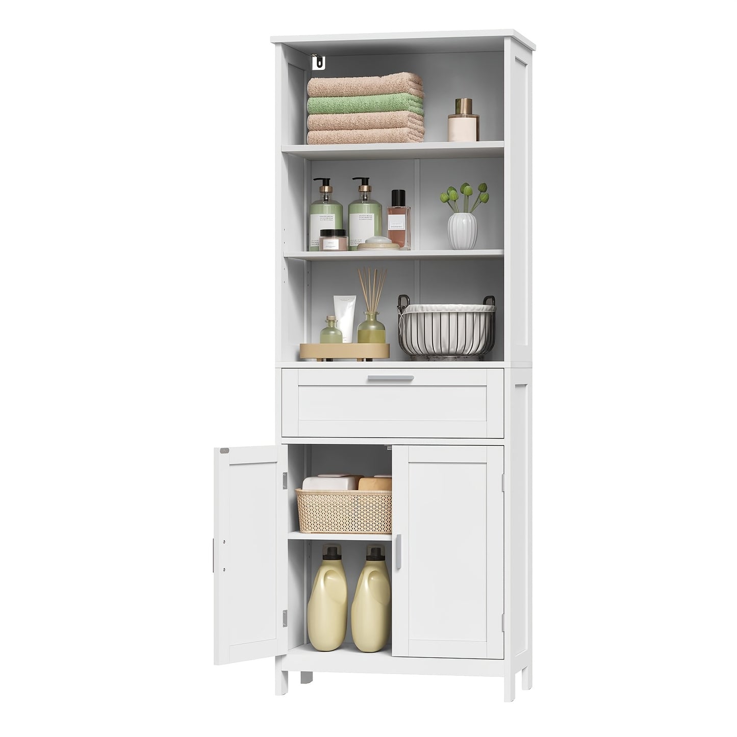 1 pz Mobiletto contenitore multifunzionale moderno e semplice, mobile per bagno, design a quattro ante + ripiano aperto, adatto per bagno/cucina/soggiorno/ufficio 60x120x30cm bianco, manufatto contenitore per la casa