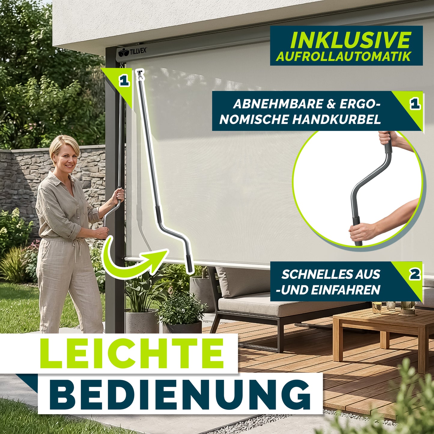 Tenda Verticale Tillvex® per Interni ed Esterni | Tenda Avvolgibile Impermeabile con Manovella per Balcone, Terrazza e Giardino | Tenda Avvolgibile in Alluminio per Protezione Solare | Schermo Privacy per Esterni