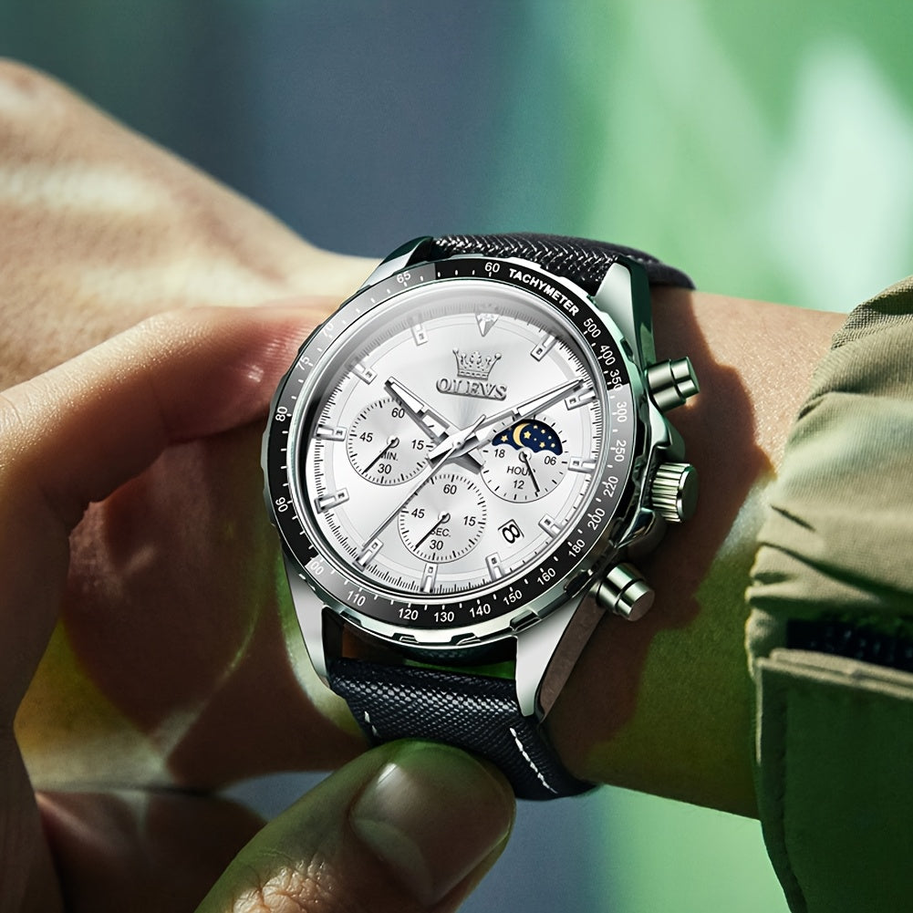 OLEVS Orologi da Uomo con Quadrante Fase Lunare Acciaio Inossidabile/Cinturino in Pelle Cronografo Lusso Business Abito Analogico Quarzo Orologi da Uomo Classici Casual Eleganti Orologi da Polso Quadrante Luminoso Nero/Bianco/Blu/Verde