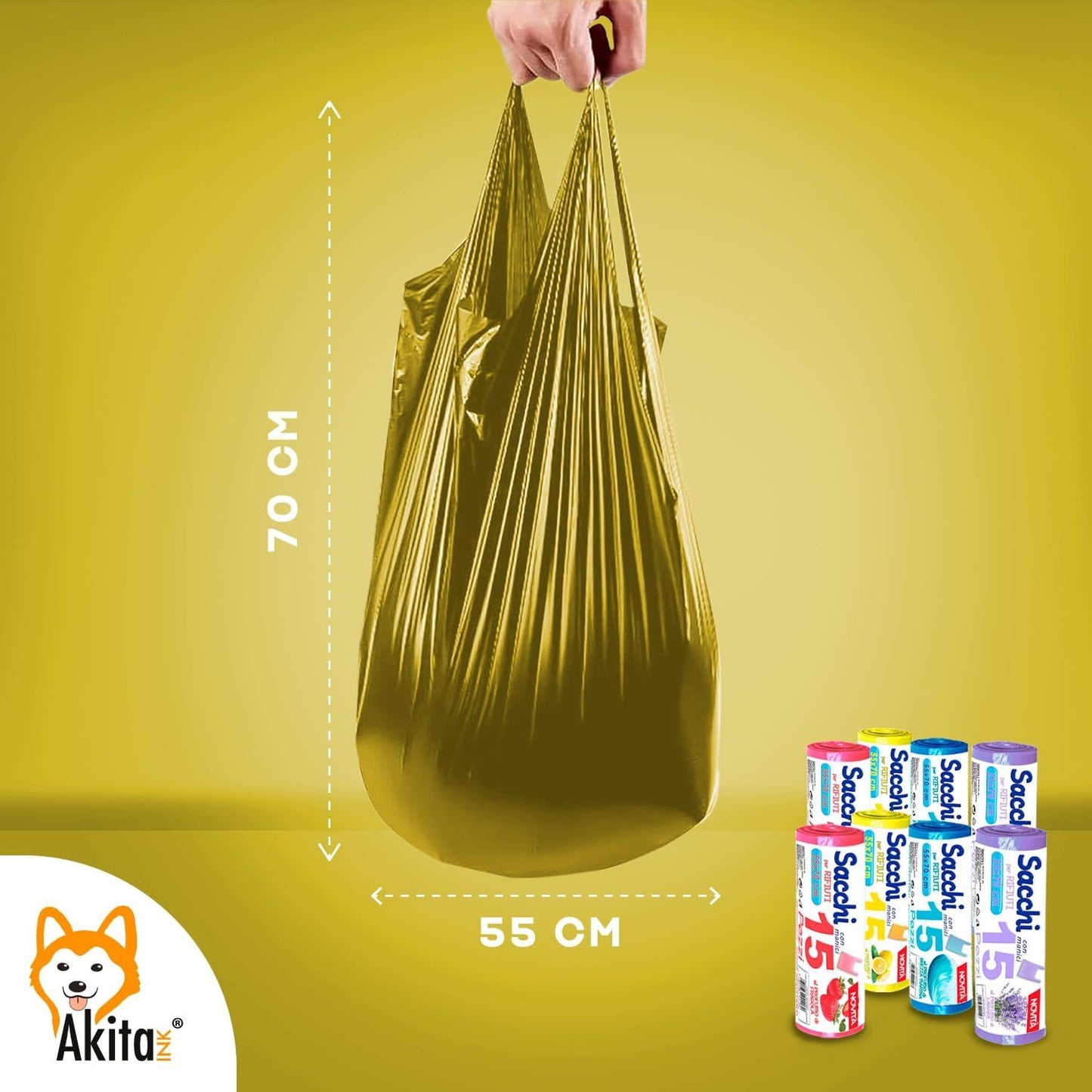 Akitaink Sacchi spazzatura Antiforo con Manici - Profumati - 120 pz da 45L | Misure 55x70cm | Vari Profumi: Brezza Marina, Fragola, Limone e Lavanda Made in Italy