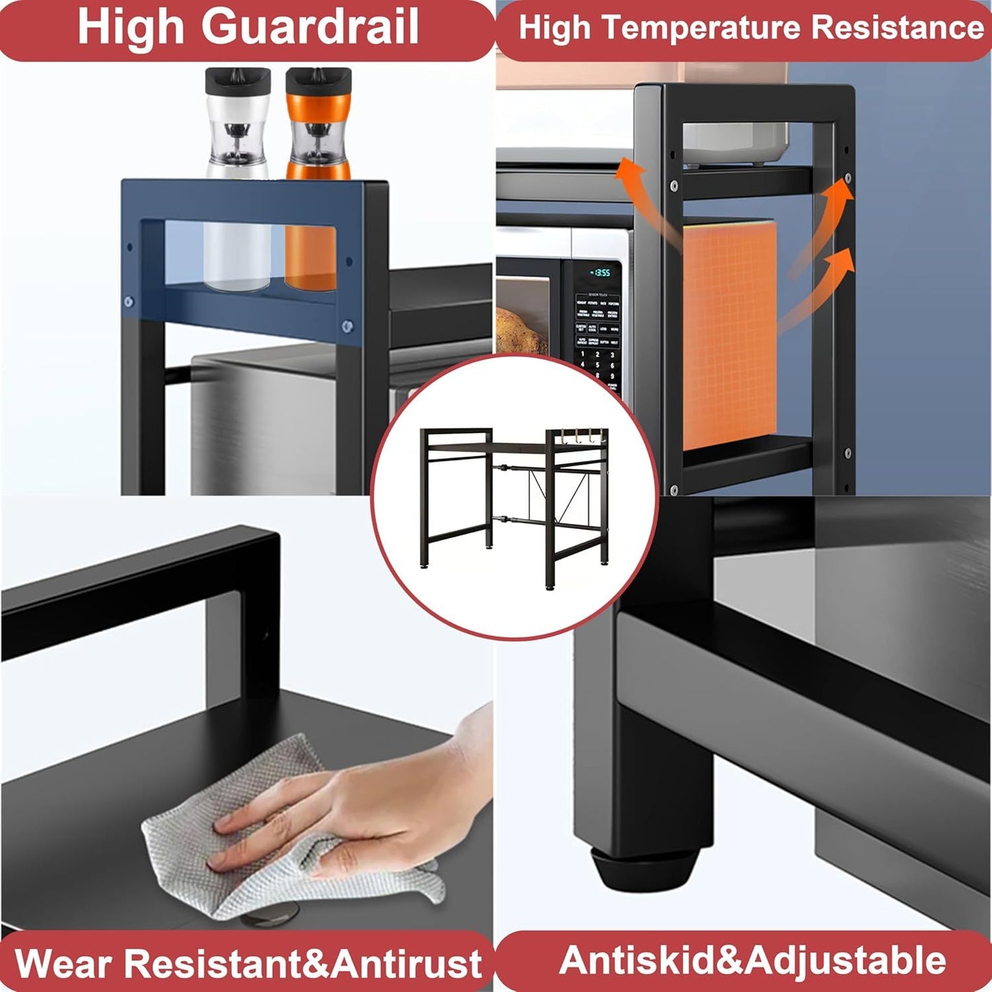 Scaffale per microonde, ripiano da appoggio per microonde espandibile per riporre utensili da cucina e stoviglie, scaffale salvaspazio regolabile a 2 livelli con 6 ganci, ripiano da appoggio in acciaio al carbonio per microonde, ripiano per microonde e ut