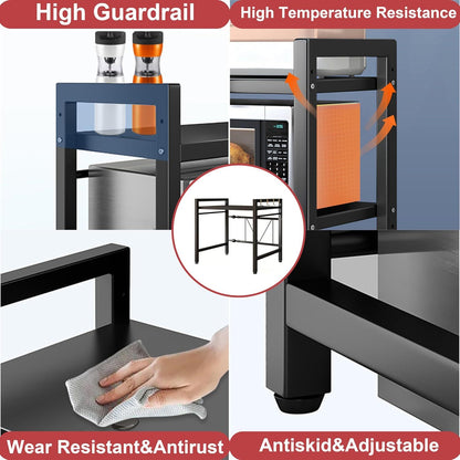 Scaffale per microonde, ripiano da appoggio per microonde espandibile per riporre utensili da cucina e stoviglie, scaffale salvaspazio regolabile a 2 livelli con 6 ganci, ripiano da appoggio in acciaio al carbonio per microonde, ripiano per microonde e ut
