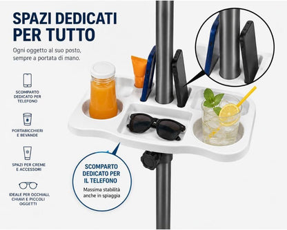 Cecaro Group Tavolino Porta Oggetti per Ombrellone 35x35 cm – Tavolo Universale con Morsetto Regolabile 22-40 mm – Ideale per Mare, Spiaggia, Giardino e Piscina