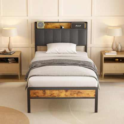 Letto matrimoniale elegante in legno imbottito con struttura in metallo, con rete a doghe in legno e testiera di supporto - Perfetto per qualsiasi camera da letto (Grigio scuro, Grigio)