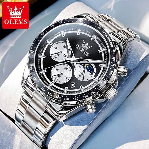 OLEVS Orologi da Uomo con Quadrante Fase Lunare Acciaio Inossidabile/Cinturino in Pelle Cronografo Lusso Business Abito Analogico Quarzo Orologi da Uomo Classici Casual Eleganti Orologi da Polso Quadrante Luminoso Nero/Bianco/Blu/Verde