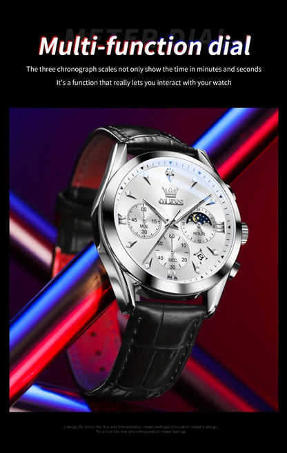 OLEVS Orologio da Uomo Classico Cronografo Cuoio Marrone Cassa Dorata Analogico Quarzo Moda Business Abito Quadrante Grande Orologio da Uomo Giorno Data Luminoso Casual Orologio da Polso Maschile Regali Romantici Relojes De Hombre Quadrante Blu/Nero/Bianc