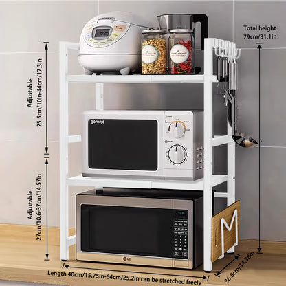 Scaffale per Microonde 3 Ripiani Estendibile con 6 Ganci, Mensola da Cucina, Porta Spezie, Organizzatore per Armadio Microonde, Nero, Estendibile da 40 a 64 cm