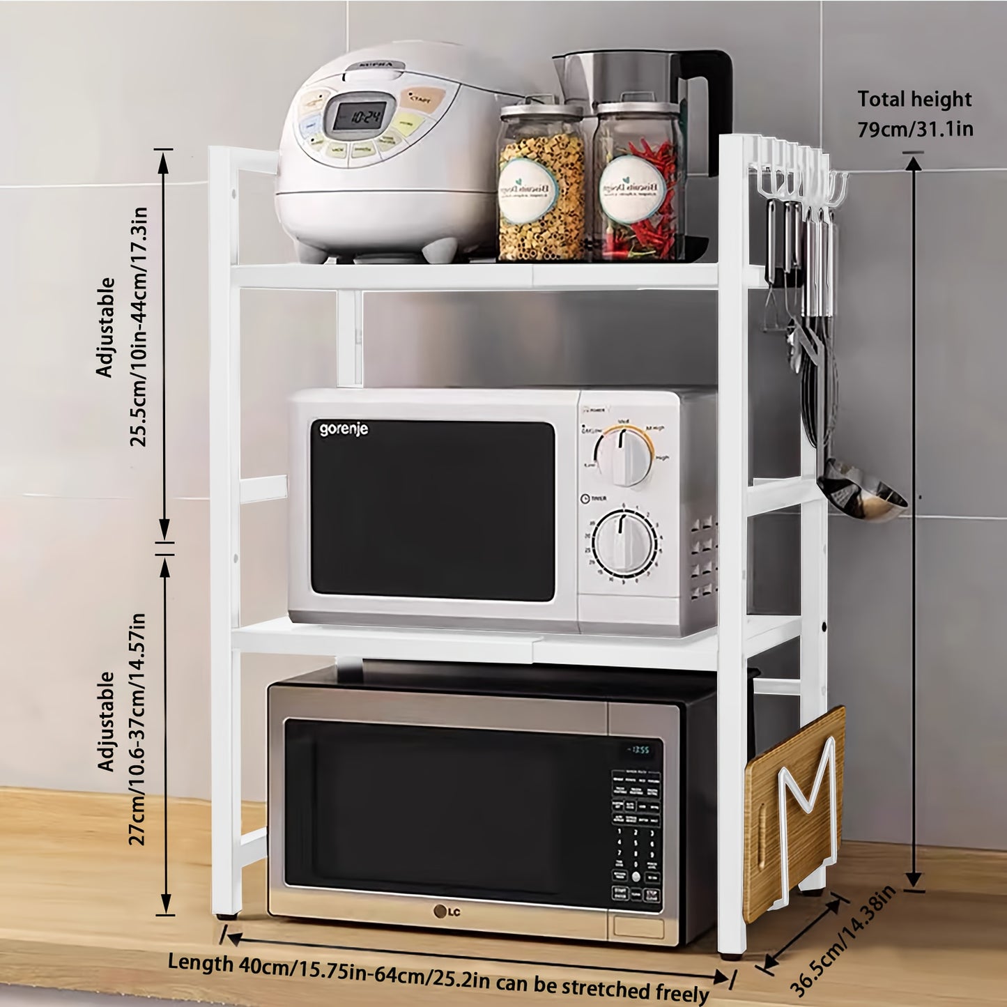Scaffale per Microonde 3 Ripiani Estendibile con 6 Ganci, Mensola da Cucina, Porta Spezie, Organizzatore per Armadio Microonde, Nero, Estendibile da 40 a 64 cm