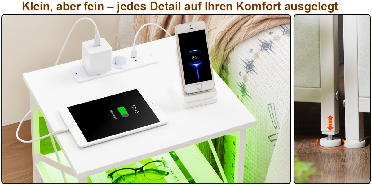 AMHANCIBLE Set Comodino 1/2 pezzi, Comodino LED con Base di Ricarica, Tavolino Laterale con Porte USB e Prese, Comodino con 2 Cassetti in Tessuto per Camera da Letto, Soggiorno, Tavolino Laterale per Divano, Comodino