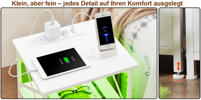 AMHANCIBLE Set Comodino 1/2 pezzi, Comodino LED con Base di Ricarica, Tavolino Laterale con Porte USB e Prese, Comodino con 2 Cassetti in Tessuto per Camera da Letto, Soggiorno, Tavolino Laterale per Divano, Comodino