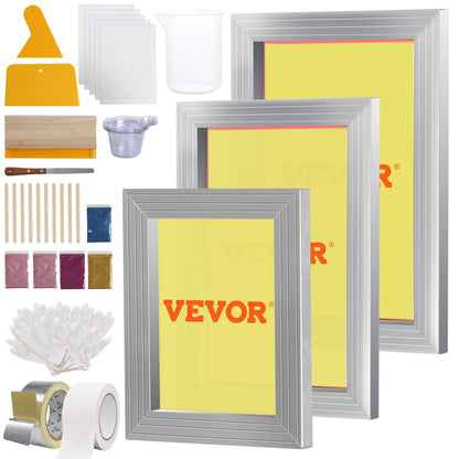 Kit di stampa a schermo VEVOR, 3 cornici in alluminio per stampa a schermo 6x10/8x12/10x14 pollici, 110 rete, 5 glitter e spatole per stampa a schermo e pellicole trasparenti per stampa DIY su magliette