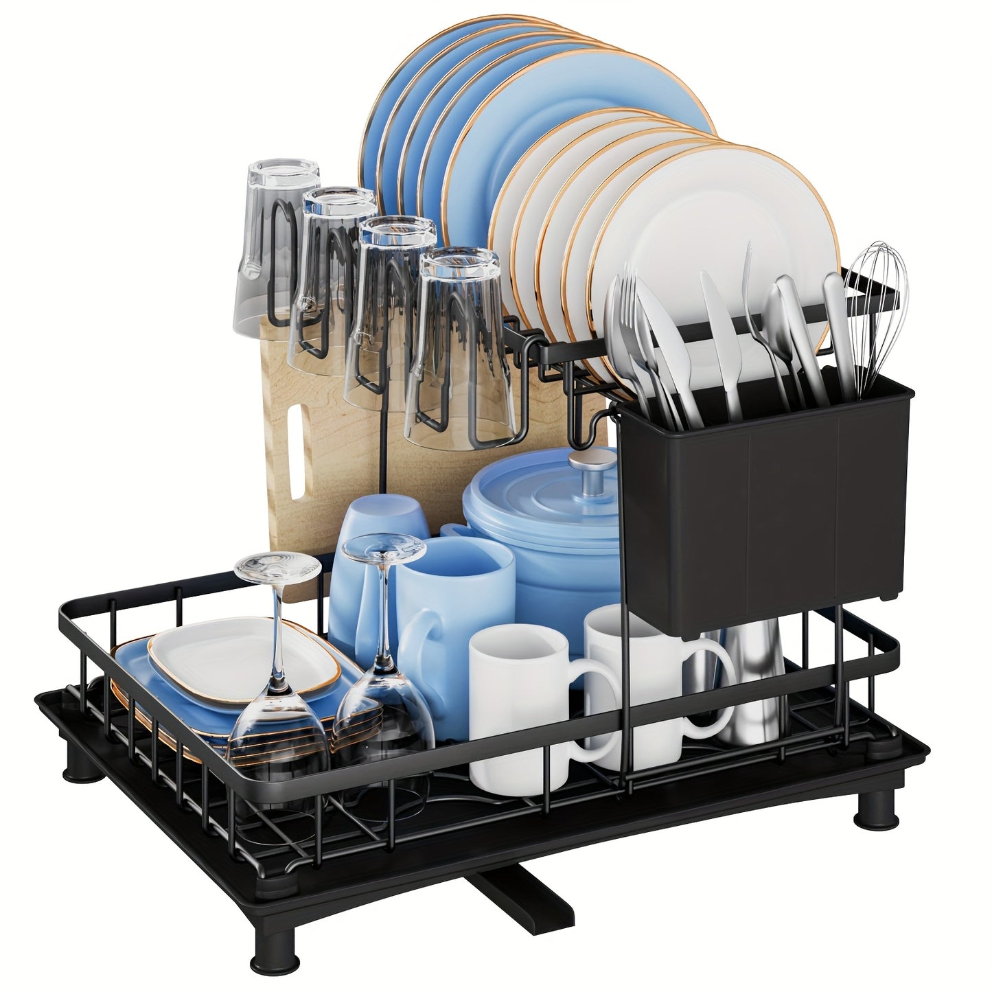 Scolapiatti a 2 piani grande capacità, multifunzionale e antiruggine per piano di lavoro cucina con porta utensili, portabicchieri, nero
