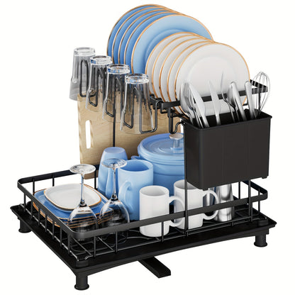 Scolapiatti a 2 piani grande capacità, multifunzionale e antiruggine per piano di lavoro cucina con porta utensili, portabicchieri, nero