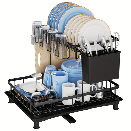 Scolapiatti a 2 piani grande capacità, multifunzionale e antiruggine per piano di lavoro cucina con porta utensili, portabicchieri, nero