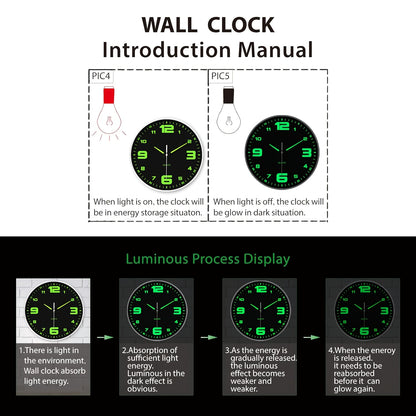 Orologio da parete silenzioso a 12 pollici con numeri che si illuminano al buio, numeri e lancette luminose che assorbono l'energia, 20,32-40,64 cm, in plastica senza ticchettio, a batteria, per soggiorno, camera da letto, ufficio, decorazioni da parete,