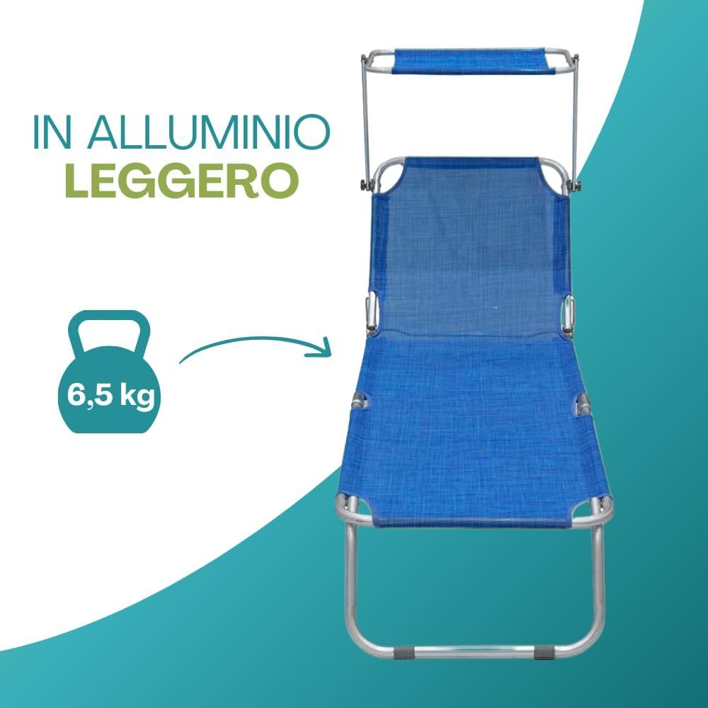 2 Lettini Prendisole Pieghevoli con Tetto Parasole, Misura 180x55x90 cm, Tessuto Textilene, Struttura Metallo Tubolare da 18mm, per Spiaggia, Piscina, Giardino, Peso Max 120kg