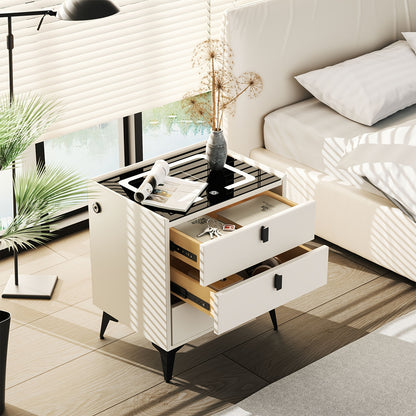 Comodino Nero/Bianco, Comodino con Luci LED Regolabili e 3 Cassetti, Organizer per Comodino Lucido per Camera da Letto