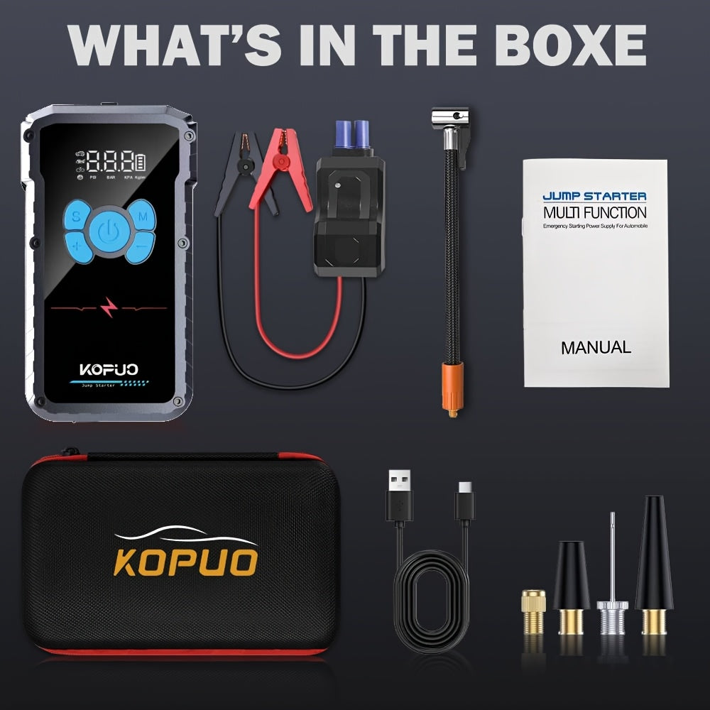 KOPUO 10000A Avviatore di Emergenza Portatile per Auto con Compressore d'Aria da 150PSI, Booster di Batteria di Emergenza 12V fino a Motori a Benzina da 10L/Diesel da 8.0L, Power Bank 7-in-1 con Display LCD e Luci LED