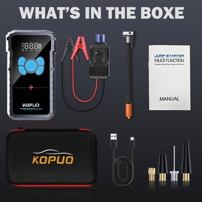 KOPUO 10000A Avviatore di Emergenza Portatile per Auto con Compressore d'Aria da 150PSI, Booster di Batteria di Emergenza 12V fino a Motori a Benzina da 10L/Diesel da 8.0L, Power Bank 7-in-1 con Display LCD e Luci LED