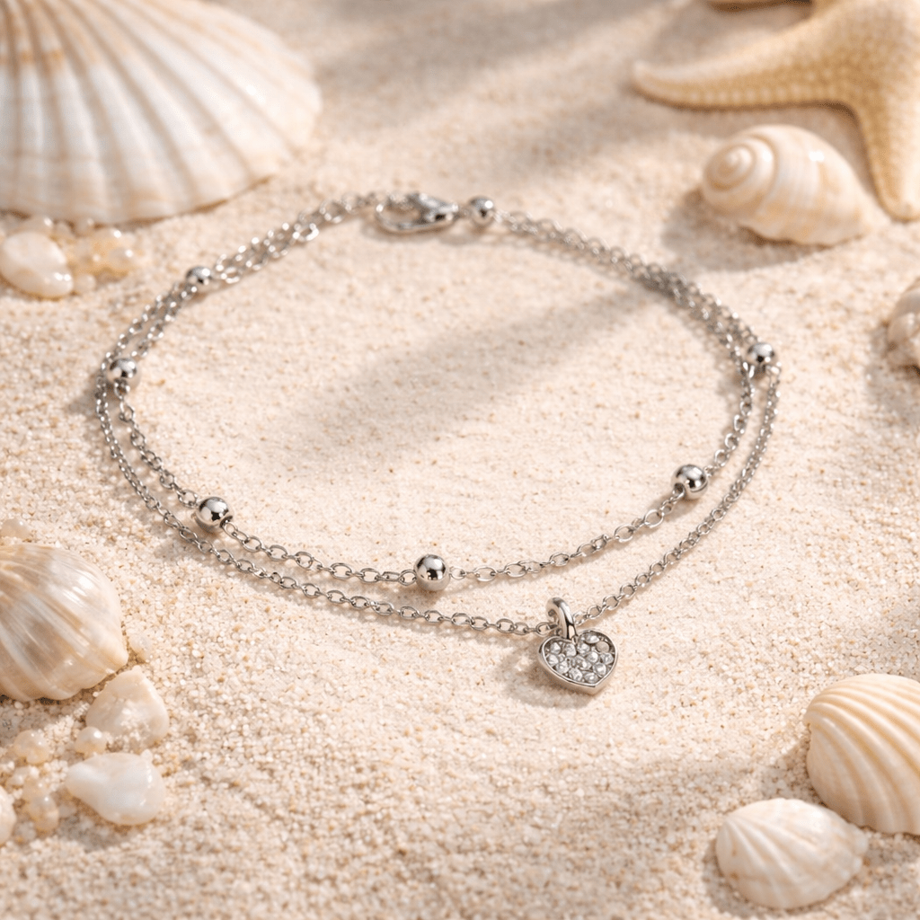 Catena alla caviglia da donna placcata in argento 925, a 2 strati con ciondolo a cuore Strass, elegante gioiello estivo da spiaggia, catena alla caviglia regolabile in stile boho, 20+7 cm, regalo per donne