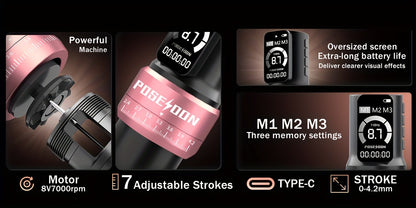 Kit Macchinetta Tatuaggio Rotante Wireless POSEIDON, Penna con Motore Senza Albero e Passo Regolabile da 2.4-4.2Mm, Due Batterie con Schermo Digitale da 2300Mah, Include 10 Aghi per Tatuaggio e Altre Accessori