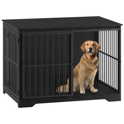 Gabbia per Cani Arredo, 110 cm Gabbia per Cani, 2 Ante, Gabbia Moderna per Interni, Adatta a Cani Piccoli/Medii/Grandi fino a 100 kg, Tavolino Laterale, Ante Scorrevoli Rinforzate, 65 x 110 x 81 cm, Nero/Bianco e Nero