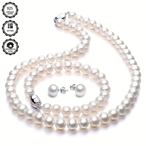 Set di tre pezzi in argento 925 con perle bianche purissime naturali, peso totale del prodotto (47.73G). Adatto per l'uso quotidiano, un must-have per l'estate, non sbiadisce, perfetto per San, anniversario, festa della mamma, fornito con una confezione r