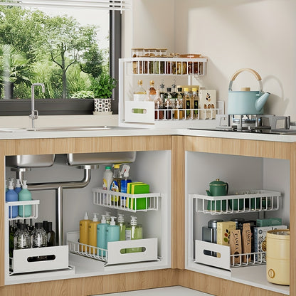 1 pz. Scaffale estraibile a doppio strato da posizionare sotto il lavandino, mensola multifunzionale in acciaio al carbonio per cucina e bagno, adatta per organizer di articoli essenziali e prodotti per la pulizia - Nero/Bianco