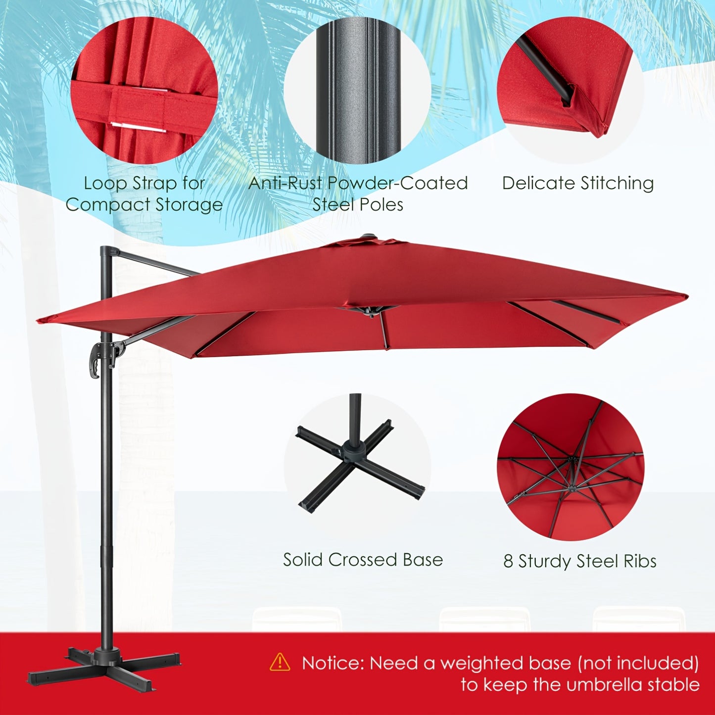 Ombrellone quadrato 300 X 300 cm, ombrello parasole con portico girevole a 360°, ombrello da giardino inclinabile, grande ombrellone da patio, ombrello da mercato per giardini esterni, patii, bar (Beige/Rosso/Caffè)