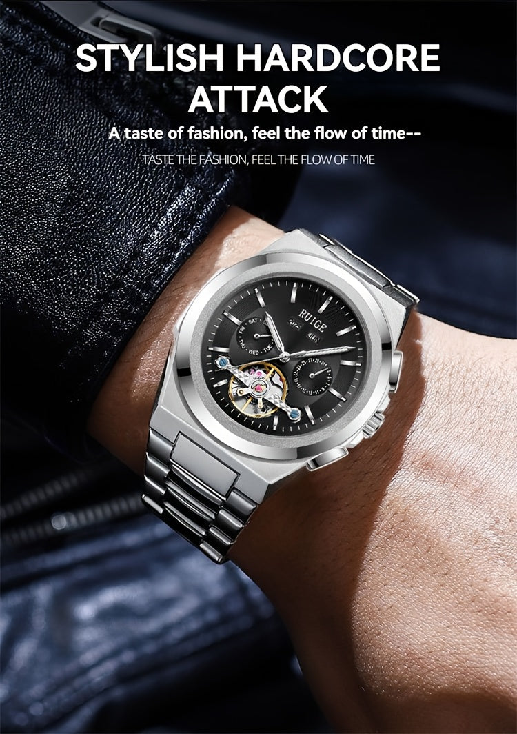 Orologio da uomo elegante automatico meccanico con cinturino in acciaio inossidabile, con funzioni business e sportive, display multipli, calendario, lancette luminose e design scheletrato. Un regalo perfetto per uomo.