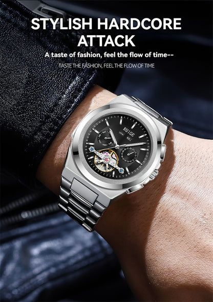 Orologio da uomo elegante automatico meccanico con cinturino in acciaio inossidabile, con funzioni business e sportive, display multipli, calendario, lancette luminose e design scheletrato. Un regalo perfetto per uomo.