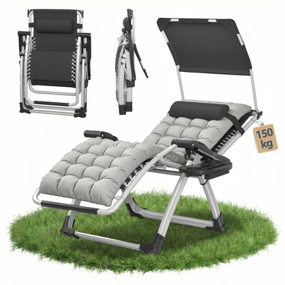 Lettoie ad angolo con tendalino pieghevole, reclinabile, extra large, schienale regolabile, cuscino ergonomico imbottito, cuscino per il collo, tasche laterali, portabicchieri, grigio nero, grigio chiaro, beige