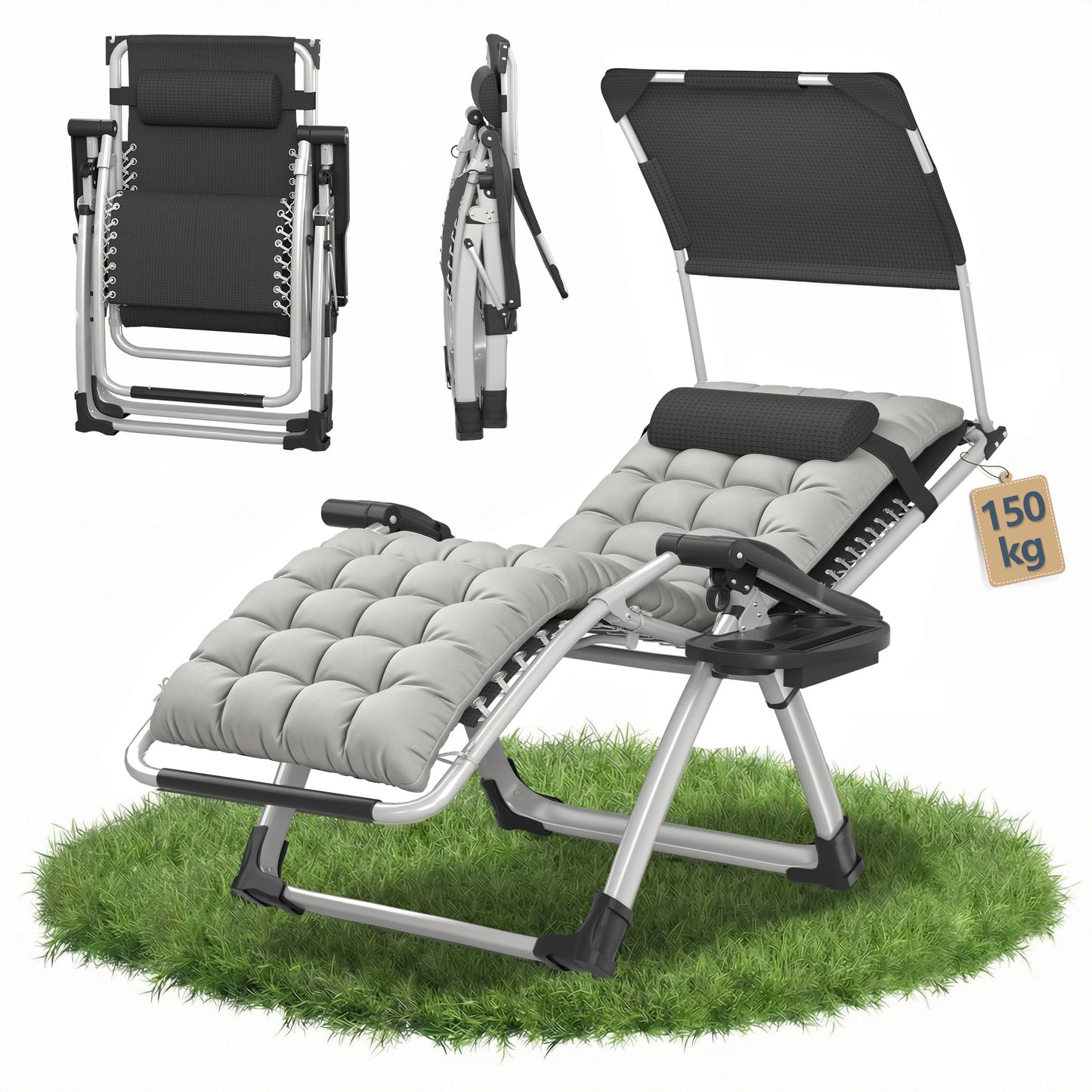 Lettoie ad angolo con tendalino pieghevole, reclinabile, extra large, schienale regolabile, cuscino ergonomico imbottito, cuscino per il collo, tasche laterali, portabicchieri, grigio nero, grigio chiaro, beige