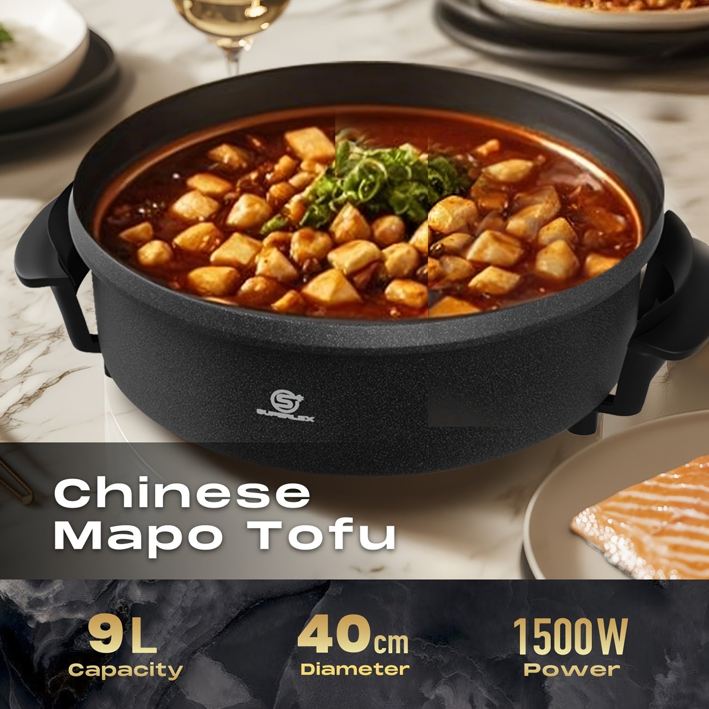 SUPERLEX 40X7Cm Padella Elettrica Multiuso | 1500W Antiaderente con Piastra in Alluminio | Base in Acciaio | Coperchio in Vetro Temperato | Termostato Regolabile | Ampia Capacità di 7L per Pizza, Feste & Cucina Familiare