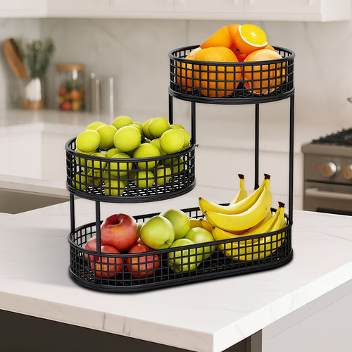 Porta Frutta a Tre Ripiani Spazioso in Metallo Nero - Stoccaggio Ottimizzato in Cucina - Ideale per Conservare Frutta, Verdura, Pane e Snack, Ottima Opzione per Natale, Perfetto per il Ringraziamento