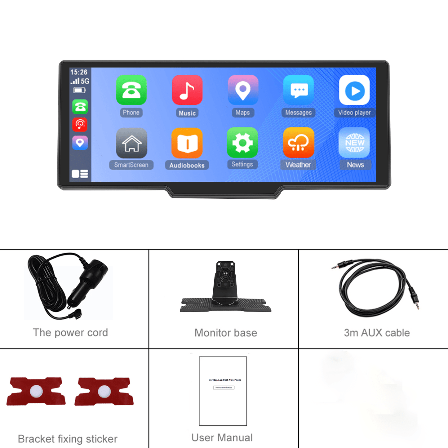 Display Interattivi con Touch Screen Versione Aggiornata 10.26 Pollici Stereo Auto Portatile Wireless Carplay per Auto con Carplay e per Android Auto con Mirror Link/ Telecamera di Retromarcia/ Wireless/ Navigazione/ AUX per Tutti i Veicoli