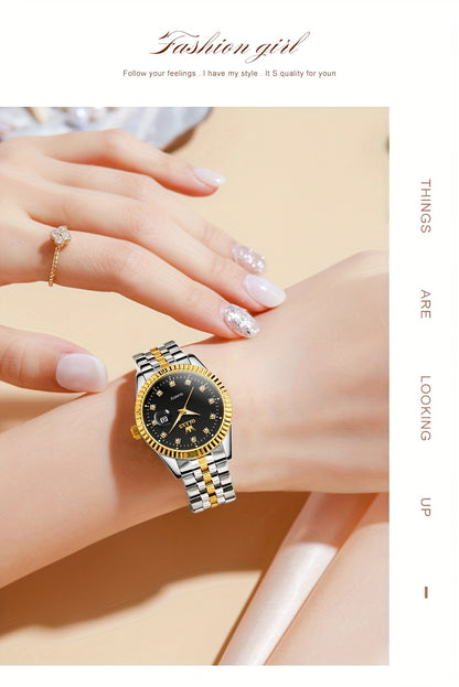 OLEVS Orologio da Donna Classico Business Dress Analogico Quarzo per Donne Elegante Lusso Acciaio Inossidabile Rheinstone Orologi da Donna Luminosi con Calendario Data per Donna Orologio da Polso Regali Romantici Reloj Para Mujer Quadrante Nero/Bianco/Dor