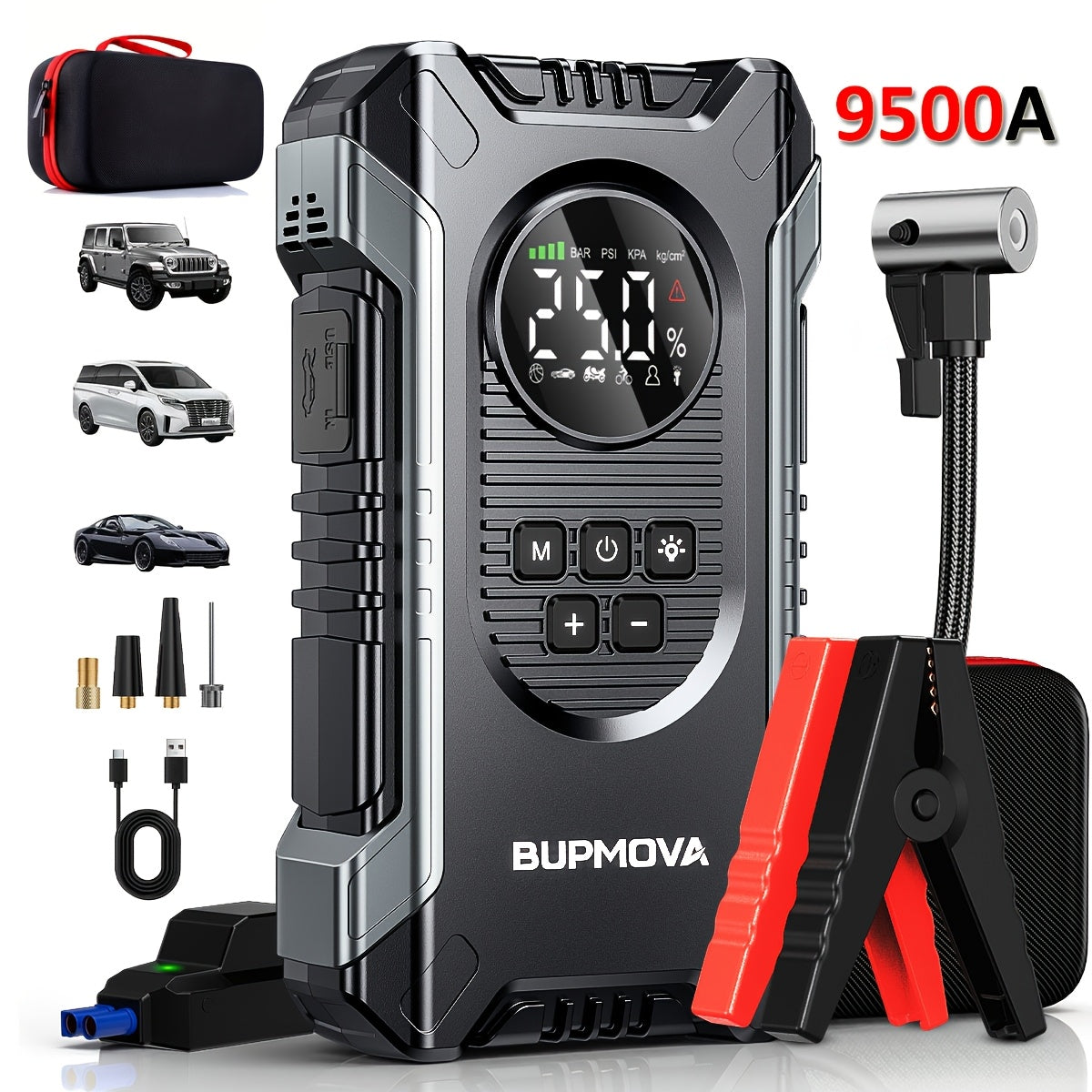 Avviatore di Emergenza per Auto con Compressore Aria e Gonfiatore Pneumatici, Booster Batteria 9500A con Power Bank e Torce LED, Box Avviatore Auto 12V per Tutti i Veicoli a Benzina o Diesel da 10.0L con Custodia Portatile, Cavi Smart con 10 Funzioni di P