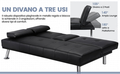 Costoffs Divano Letto a 3 Posti Divano Trasformabile con 2 Braccioli Staccabili Mobile Imbottito con Supporto Centrale Porta Bicchieri Divanetto Reclinabile da Salotto