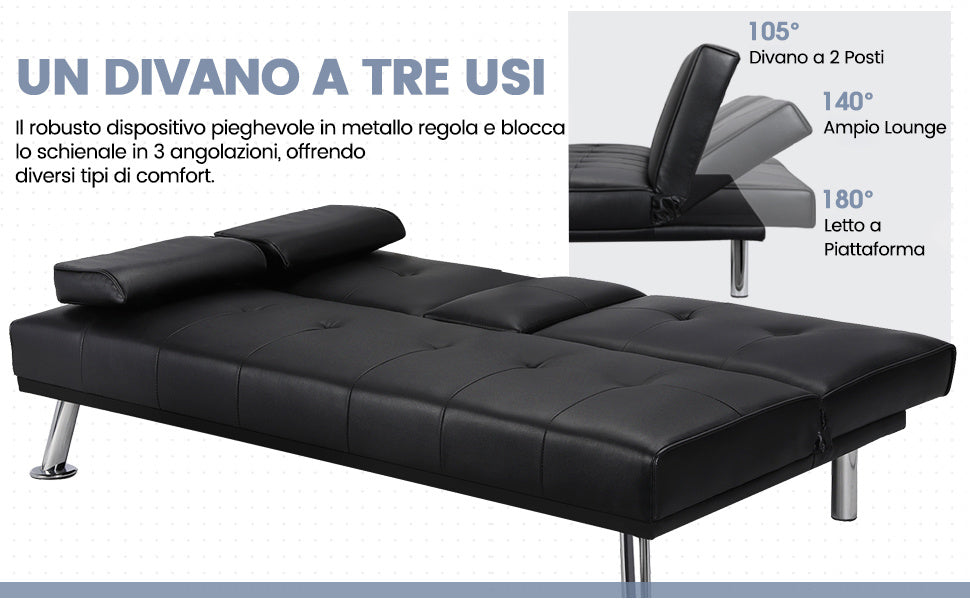 Costoffs Divano Letto a 3 Posti Divano Trasformabile con 2 Braccioli Staccabili Mobile Imbottito con Supporto Centrale Porta Bicchieri Divanetto Reclinabile da Salotto