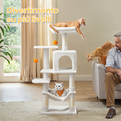 Albero per Gatti Multi Livello, Torre Tiragraffi per Gatti con 4 Pali Tiragraffi, Amaca, Grotta, Giochi