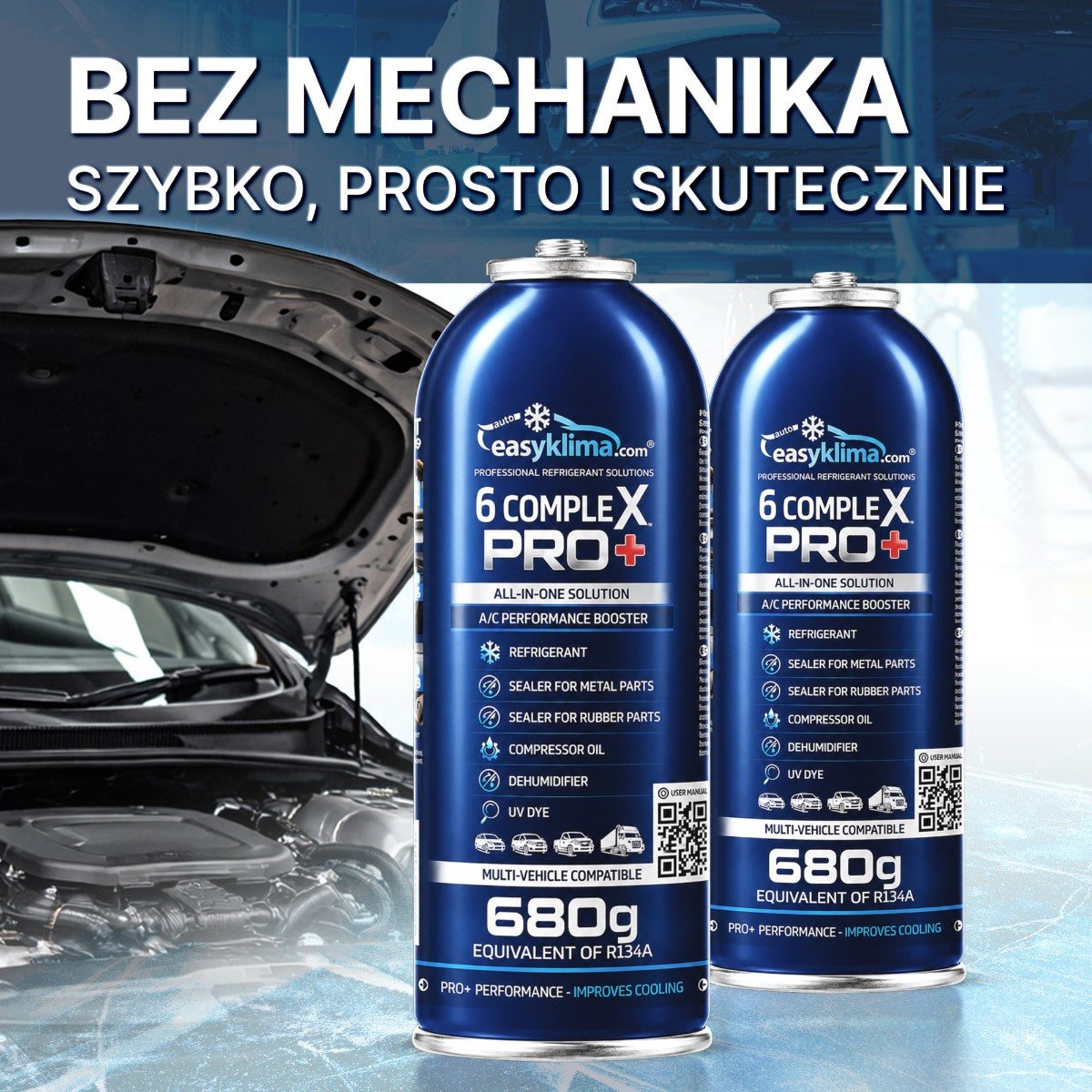 Kit 2x EasyKlima 6 Complex PRO+ R134a 6 in 1, due preparati per aria condizionata automobilistica, bombola da 680 g, agente di ricarica per impianti, sigillante per gomma e metallo, olio per compressore, essiccante per riduzione umidità, colorante UV per